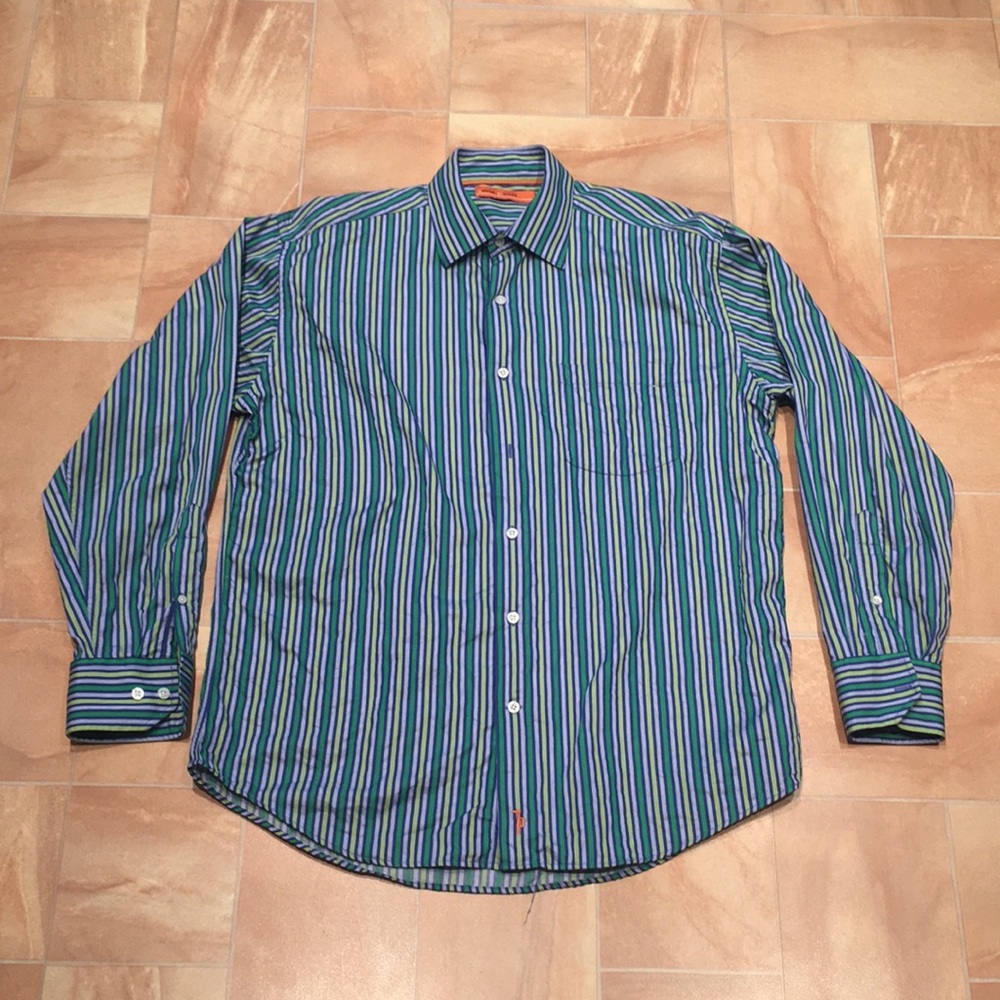 Sette Ponti Men's Blue Multicolored Striped Long Sleeve Button Down Dress Shirt